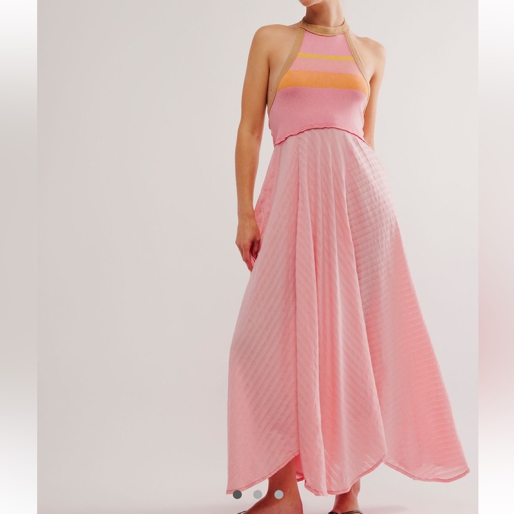 NWT Free People Surf’s Up Maxi Dress Halter Stripe Flowing Skirt Open Back